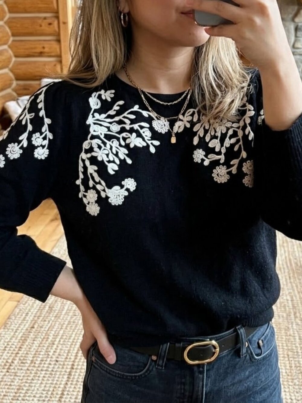 Rain + Rose Embroidered Floral 3/4 Sleeve Knit Sweater Size XS
